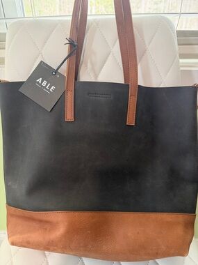 Able Black Leather Tote with Brown Trim